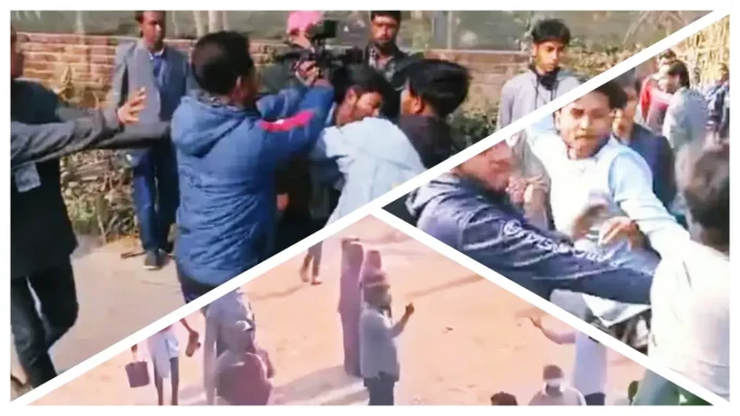 collage ২০২৬ সালের নির্বাচনে ভোটকেন্দ্রের বাইরে সংঘর্ষের দৃশ্য